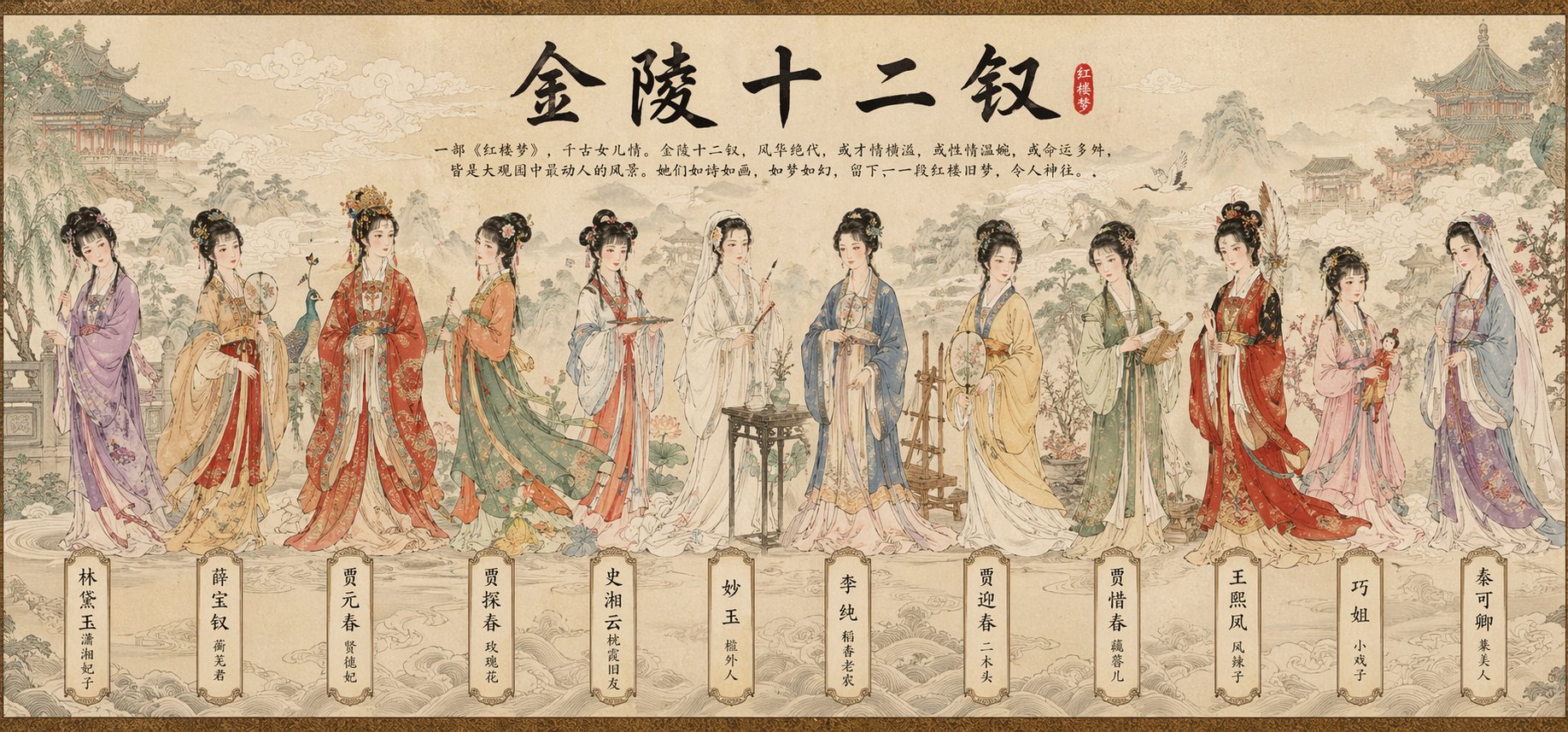 国风工笔八仙长卷插画