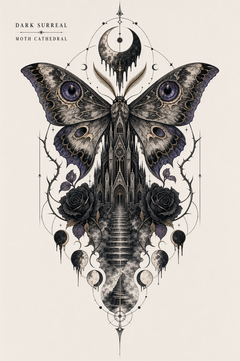 Dark surrealist moth cathedral