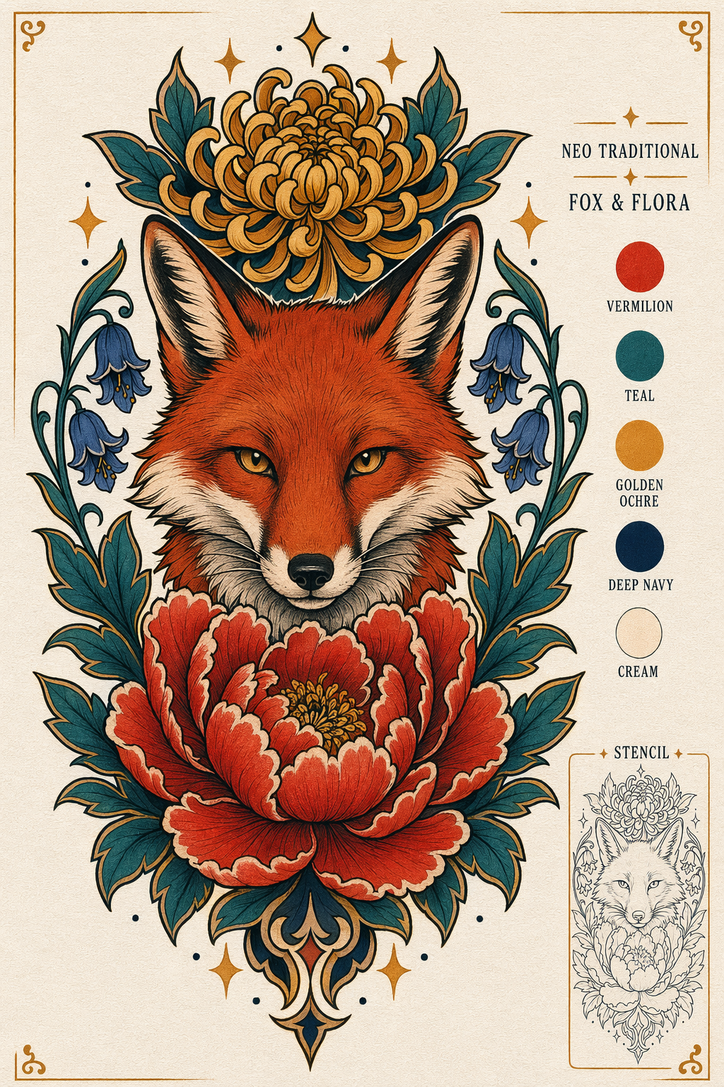 Color neo-traditional fox and flora