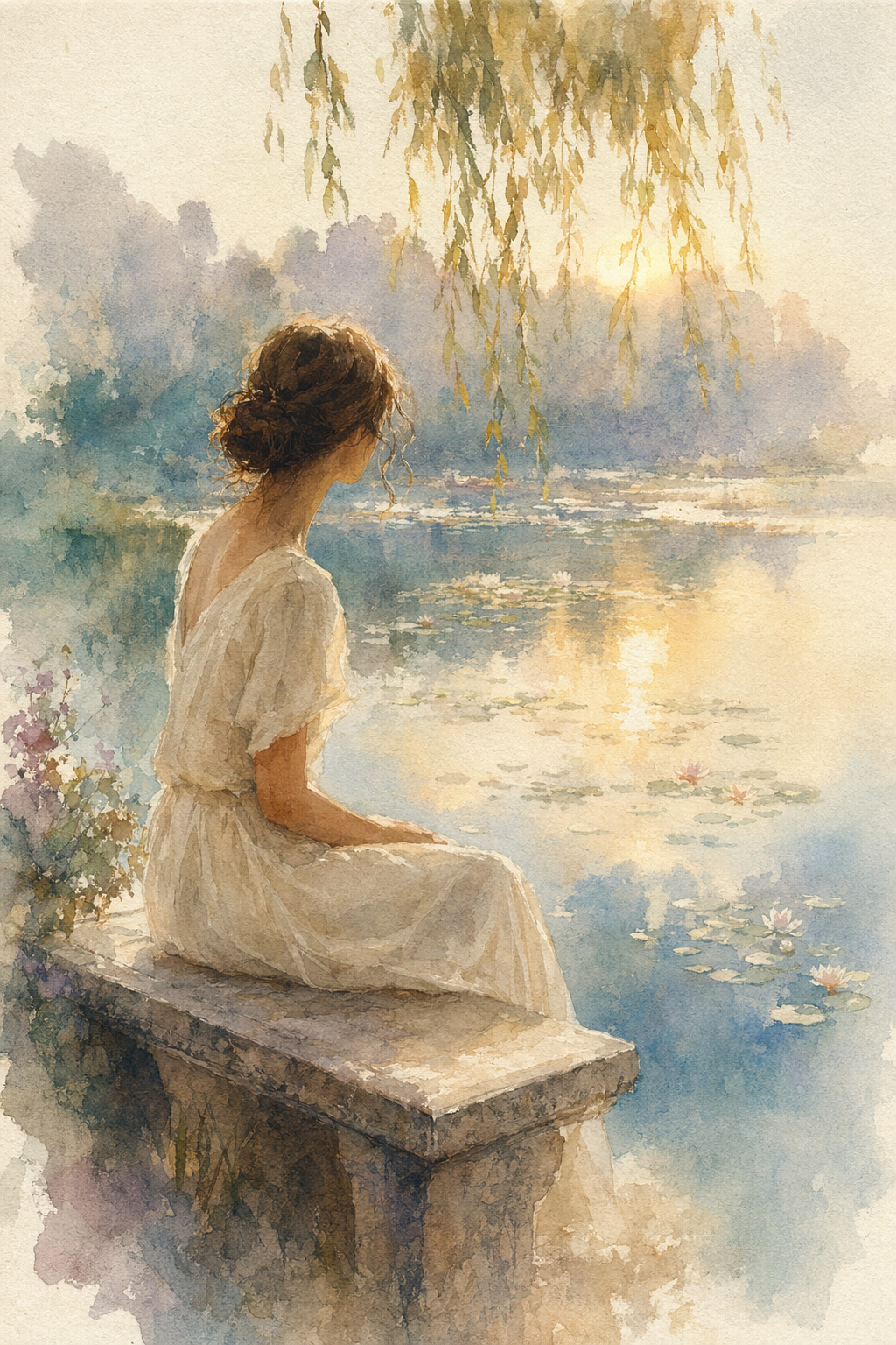 Dreamy watercolor — young woman at lily pond