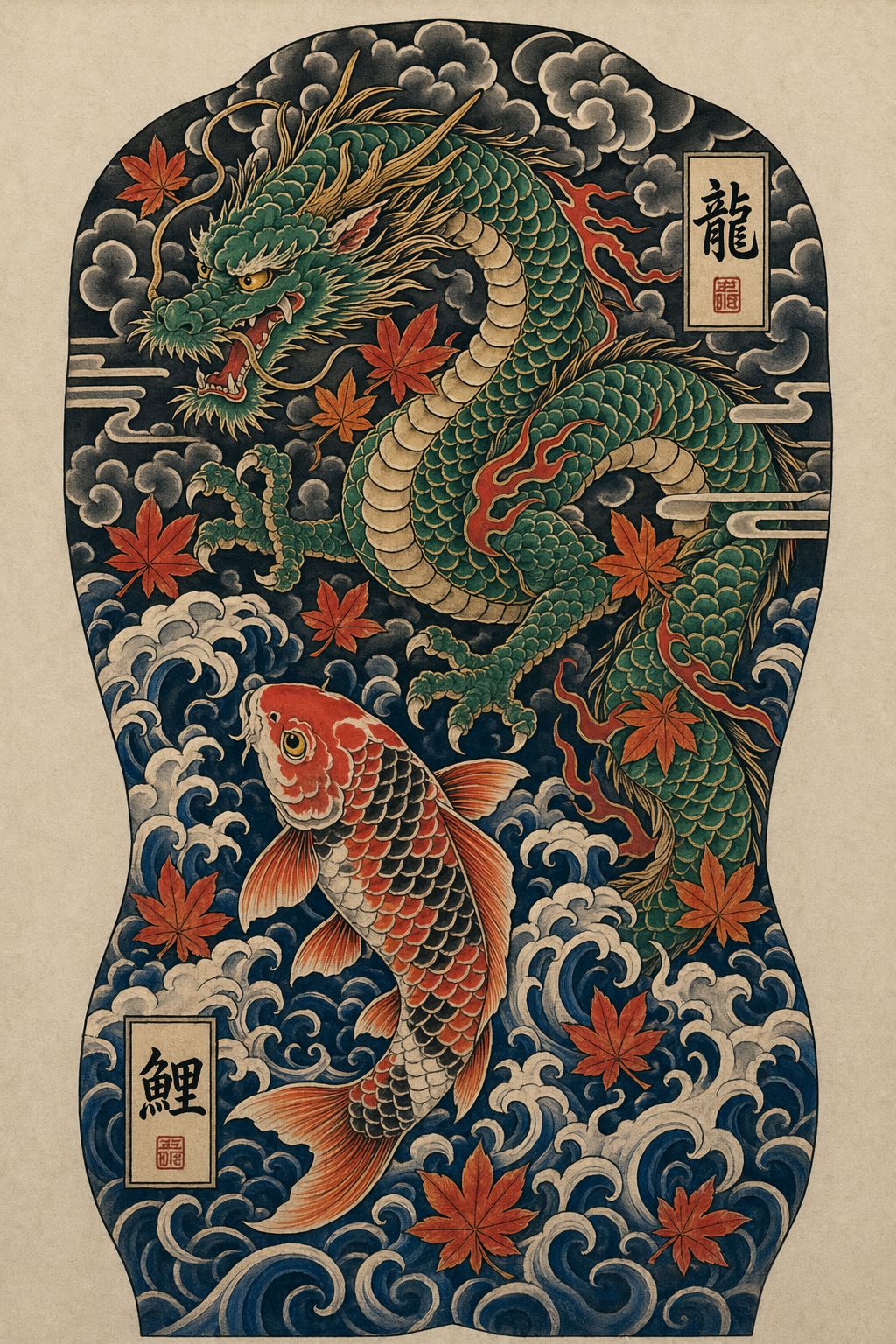 Japanese traditional dragon and koi back piece