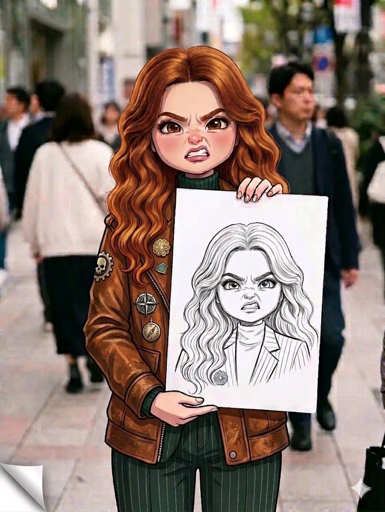 繁华街头手持素描本的愤怒Q版少女