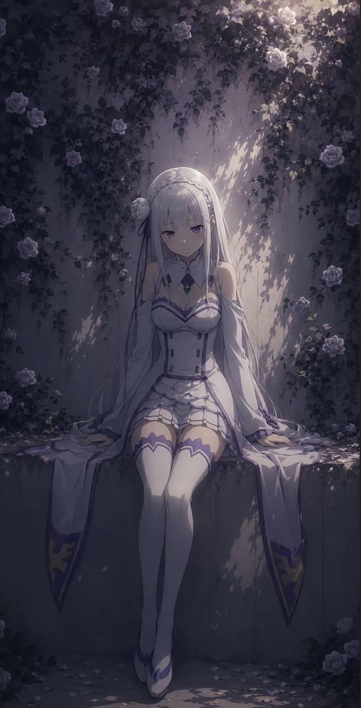 长银发紫眸忧郁动漫少女石凳背景 2
