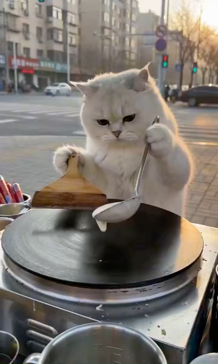 街头猫咪大厨制作美味煎饼 1