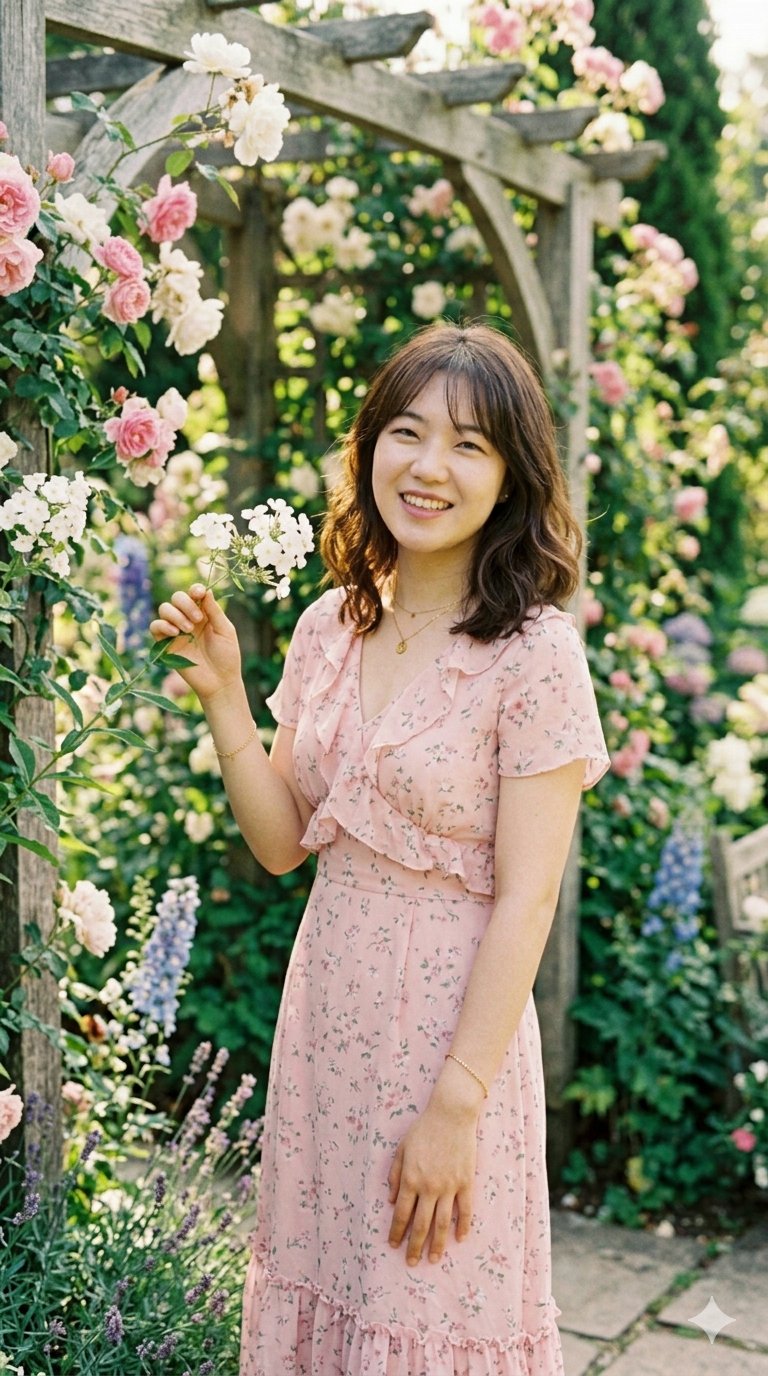 阳光花园中的粉色碎花裙东亚少女 2