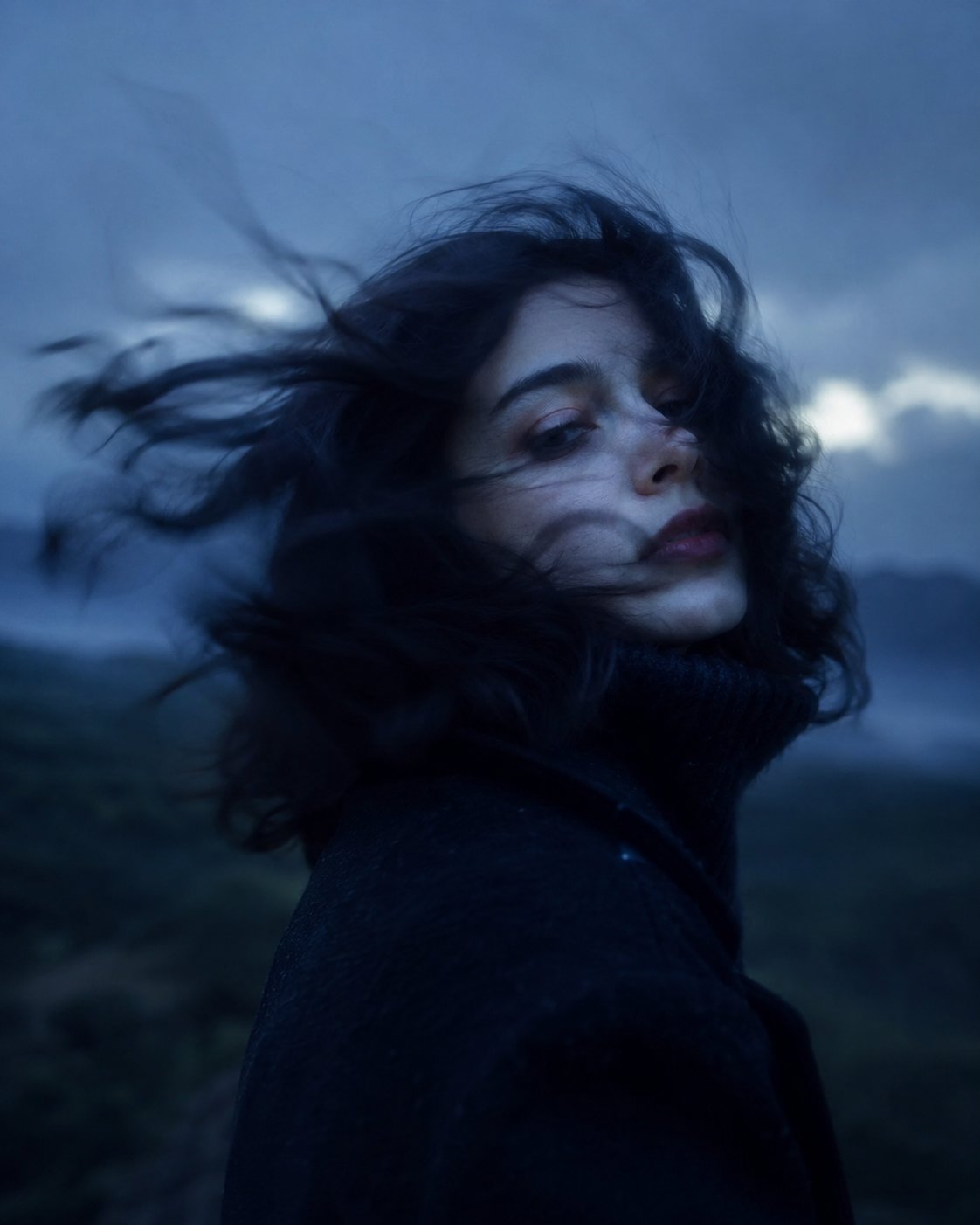 暮色中风吹长发女性电影感肖像 2