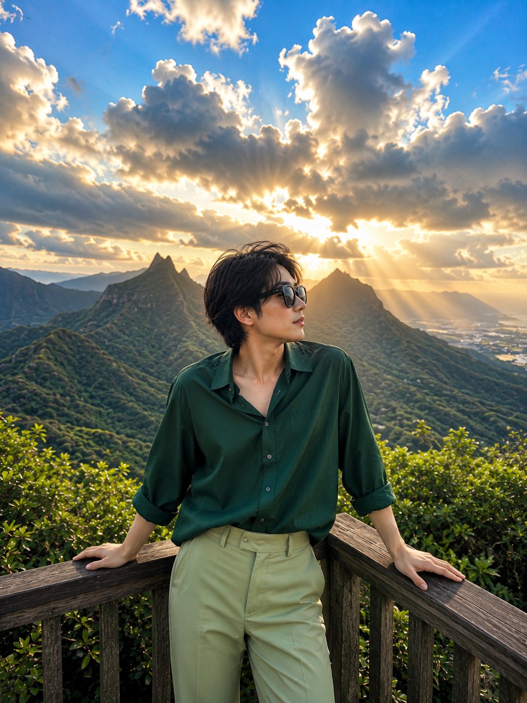 山间观景台优雅日本女性电影感旅行人像