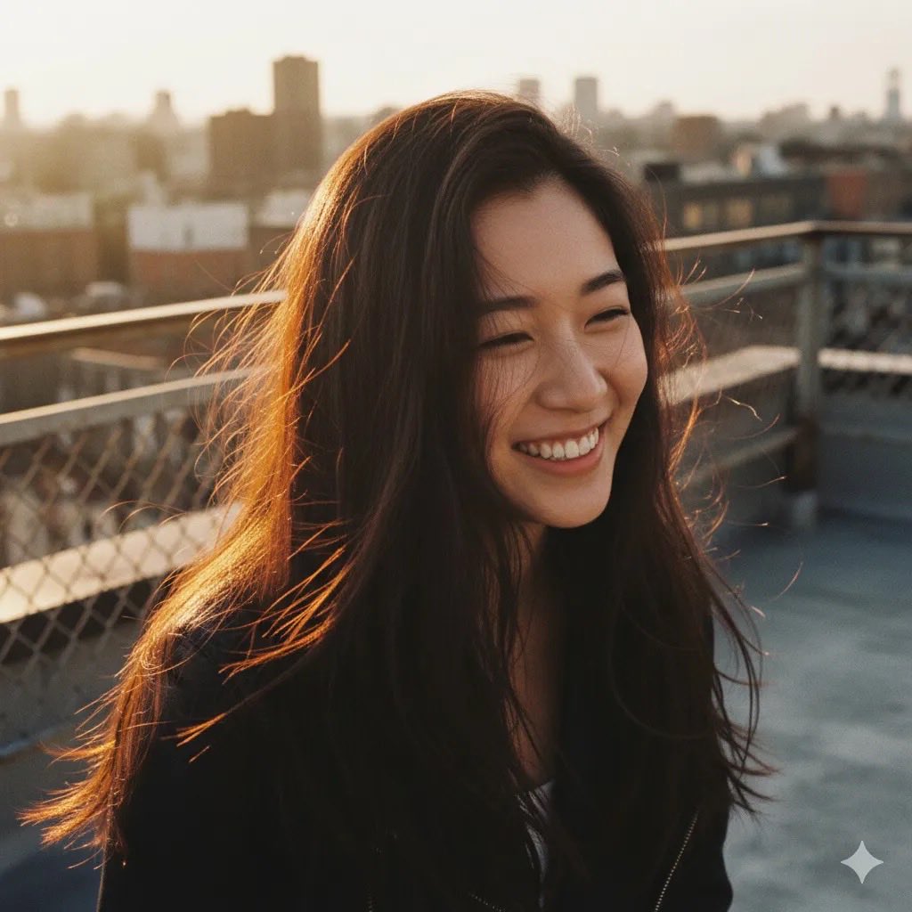 城市天台落日余晖下的微笑少女