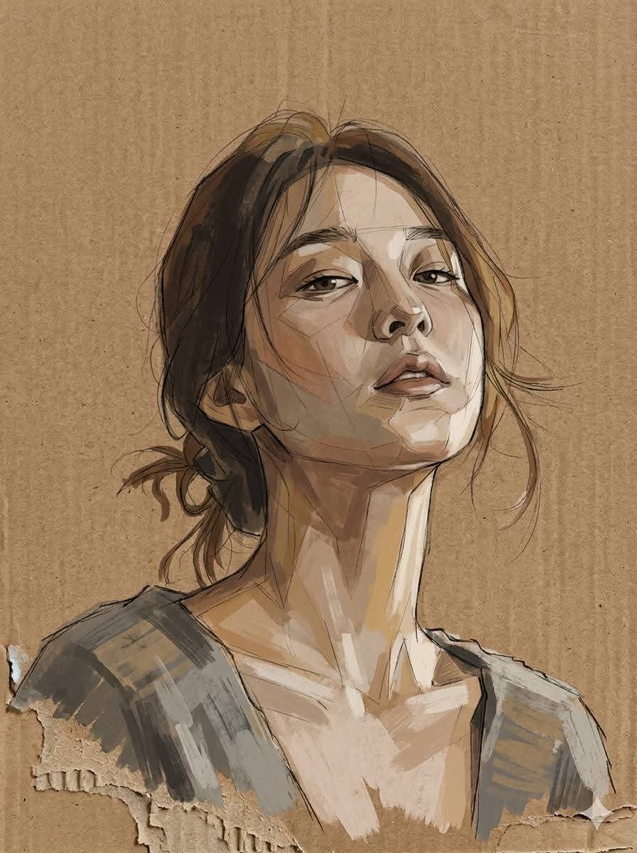 现代混合媒体手绘线条色块人像插画
