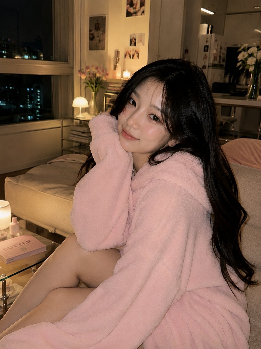 韩系深夜温馨居家粉色卫衣少女 2