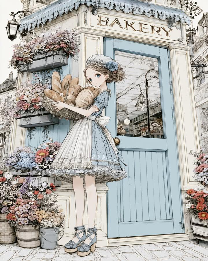舒适复古面包店外观动漫少女插画 2