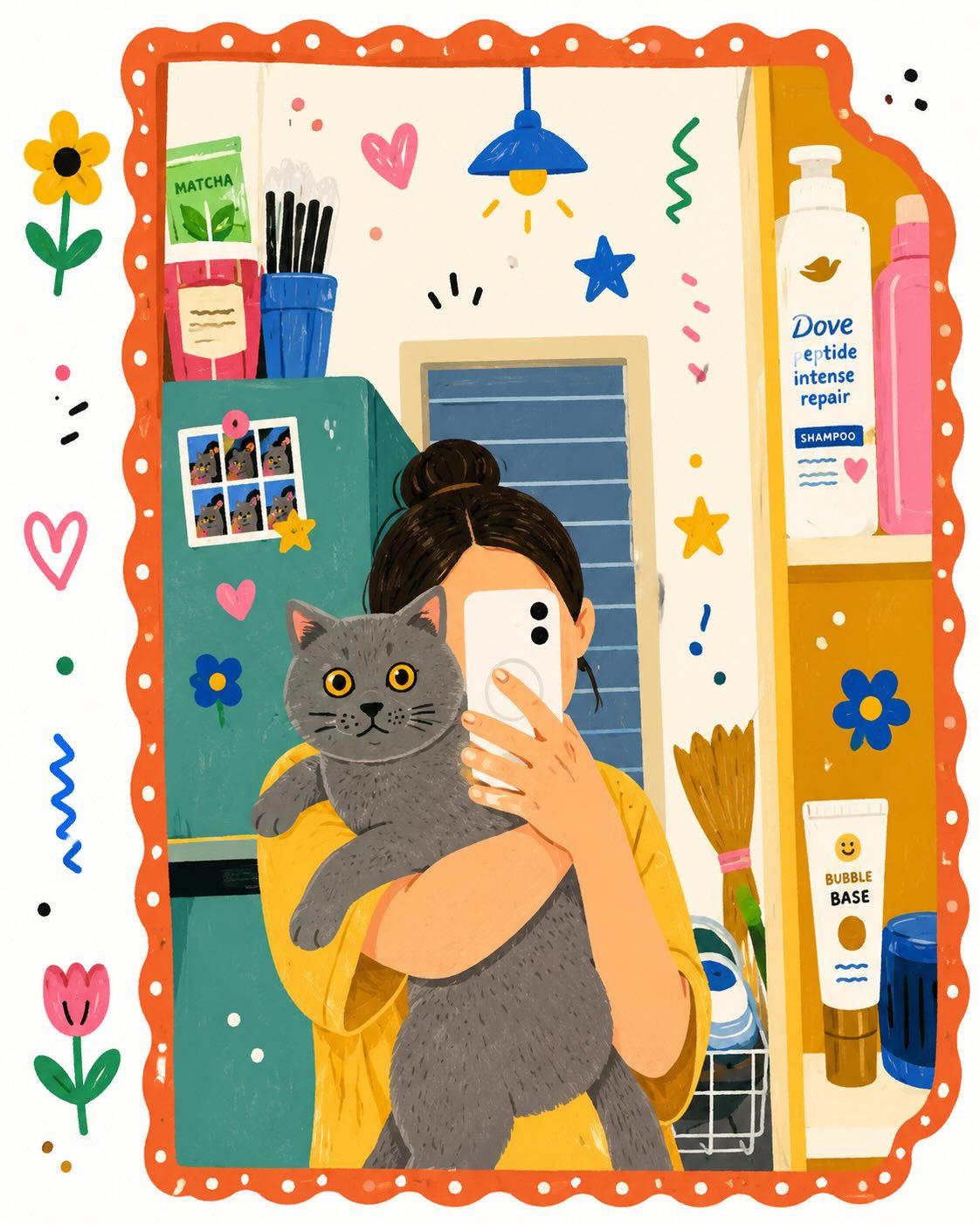 可爱韩系情侣对镜自拍插画 2