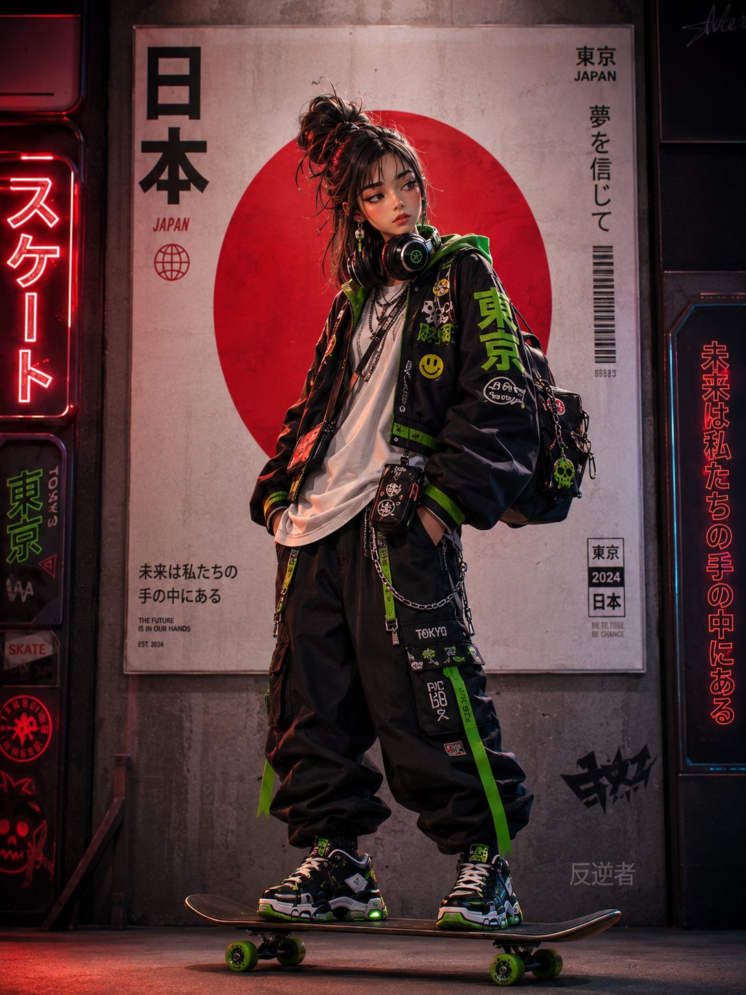 赛博朋克东京街头潮酷滑板少女人像 2