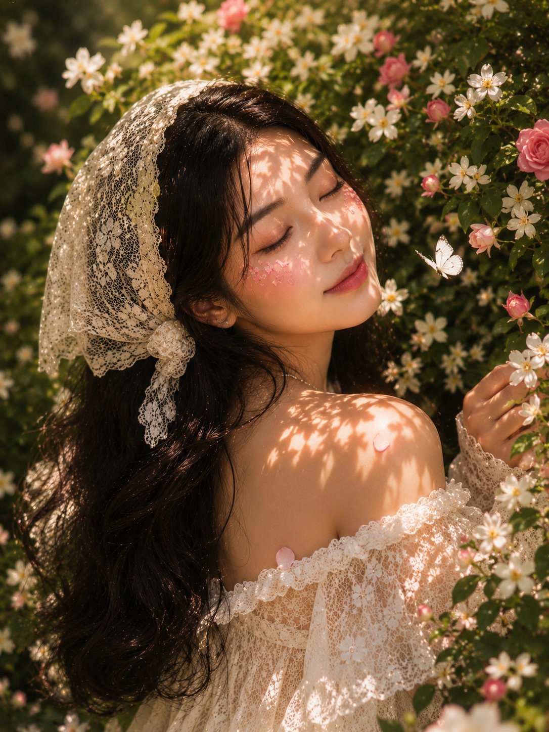 茉莉花丛中的东亚女性蕾丝裙特写 2