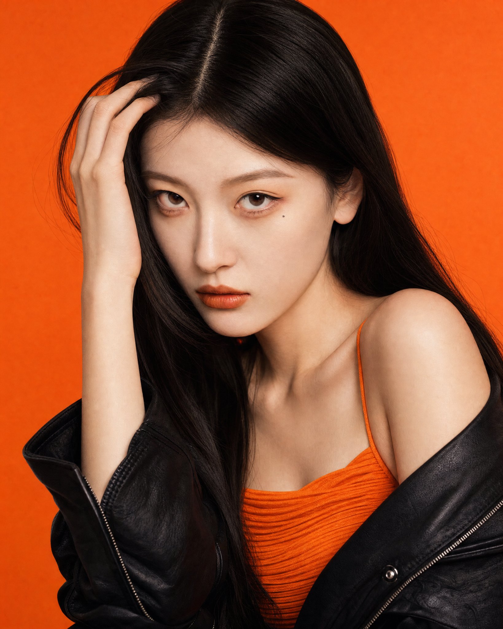 橙色丝绸裙东亚女性特写人像 2