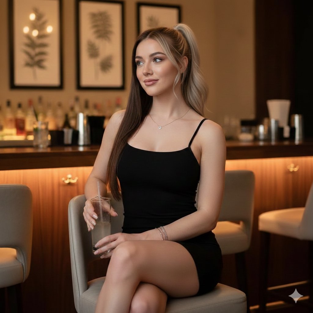 暖光灯下身着吊带黑裙的优雅女神写实摄影