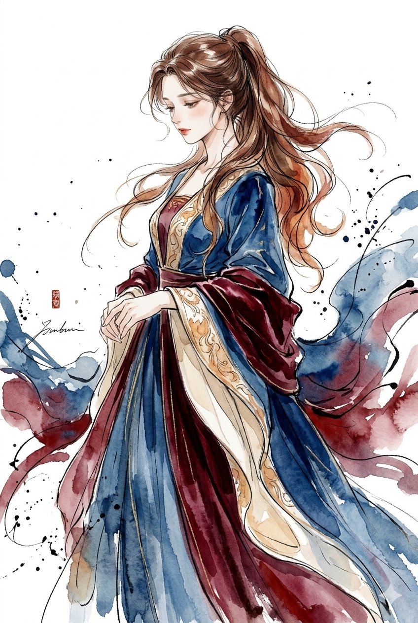 优雅水彩水墨长发古装女子插画