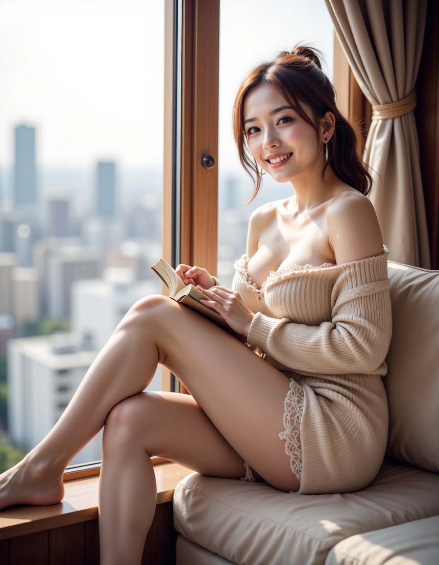 窗边优雅女性慵懒都市街景氛围