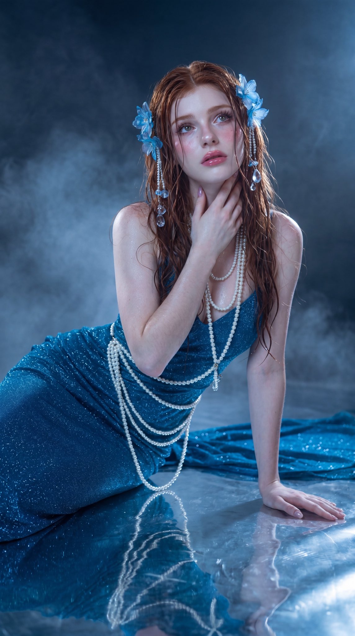 蓝宝石色调梦幻红发少女珍珠配饰人像摄影 2