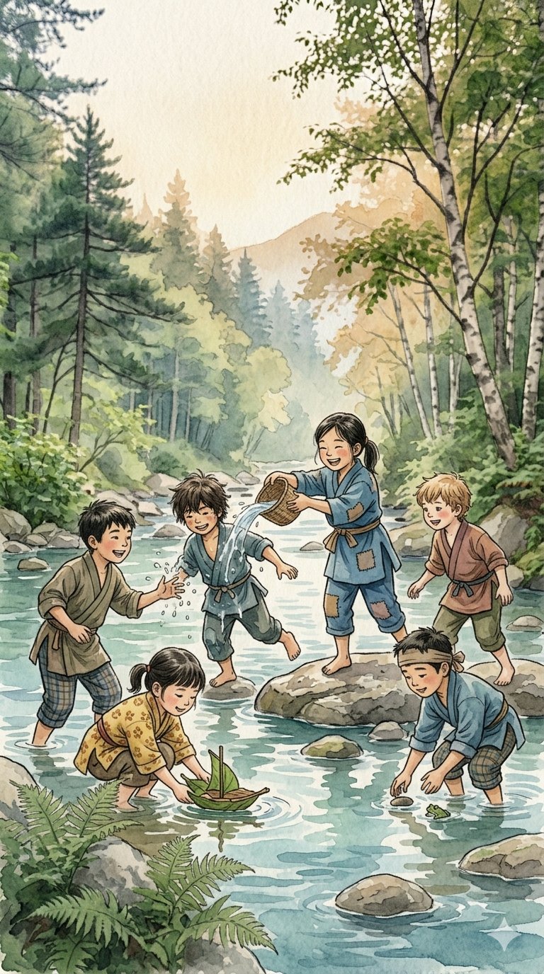 日式水墨手绘森林童趣插画 2