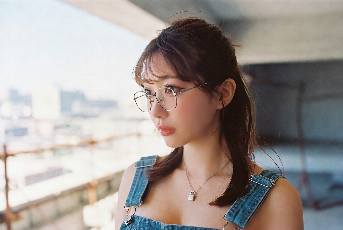 高楼边缘浅蓝背带裤日韩知性女模特 2