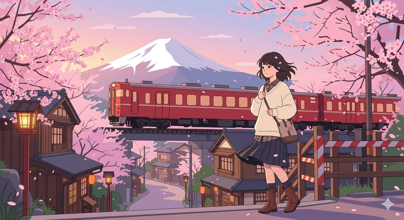 樱花季富士山下的红色列车与少女 2