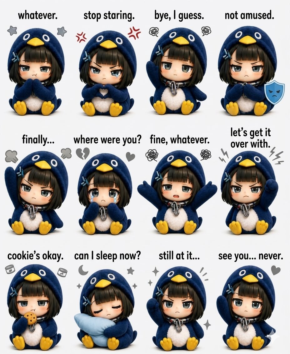 治愈系蓝企鹅兜帽Q版少女贴纸表情包 2