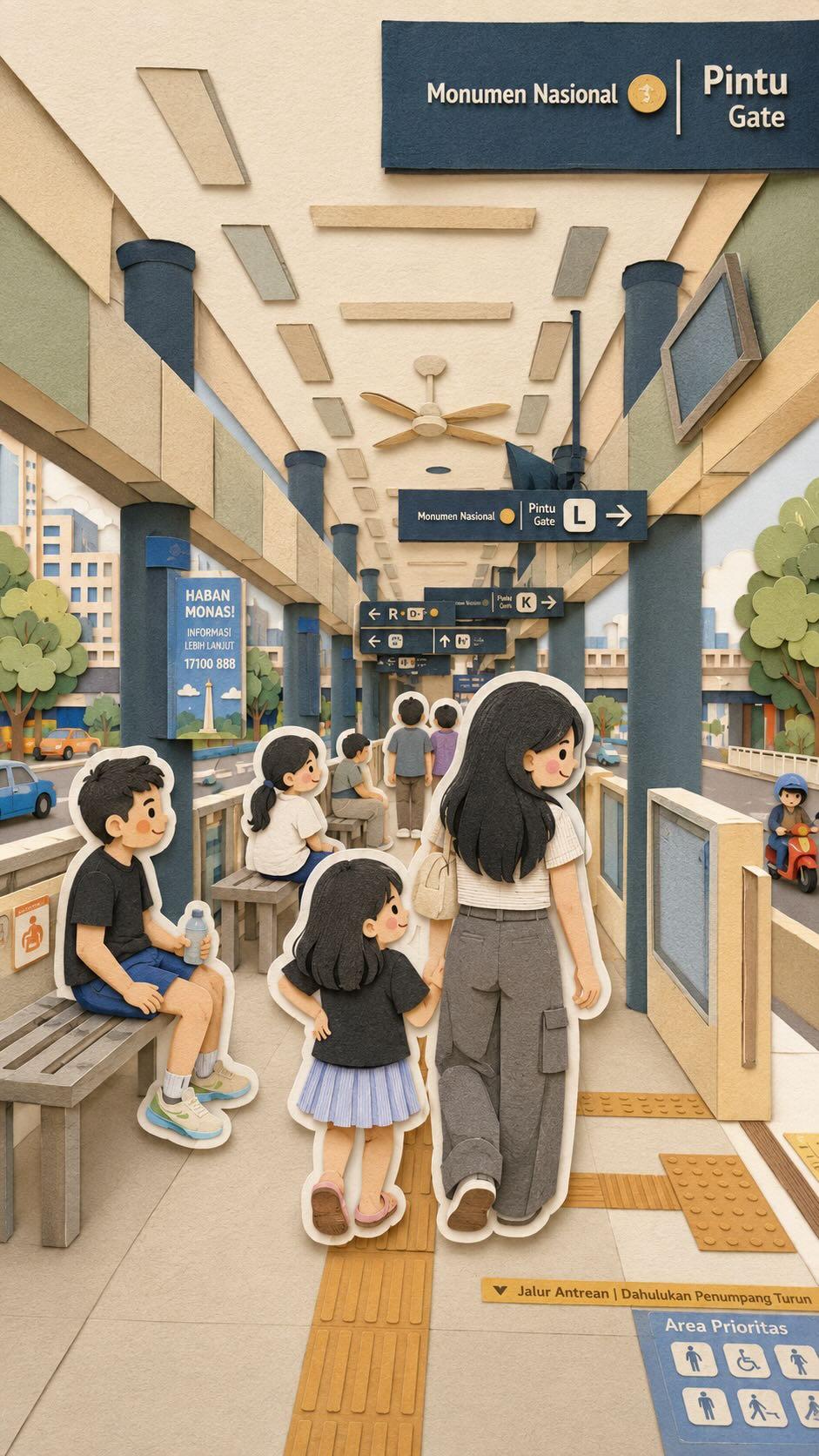 可爱家族旅行手工剪纸拼贴插画 2