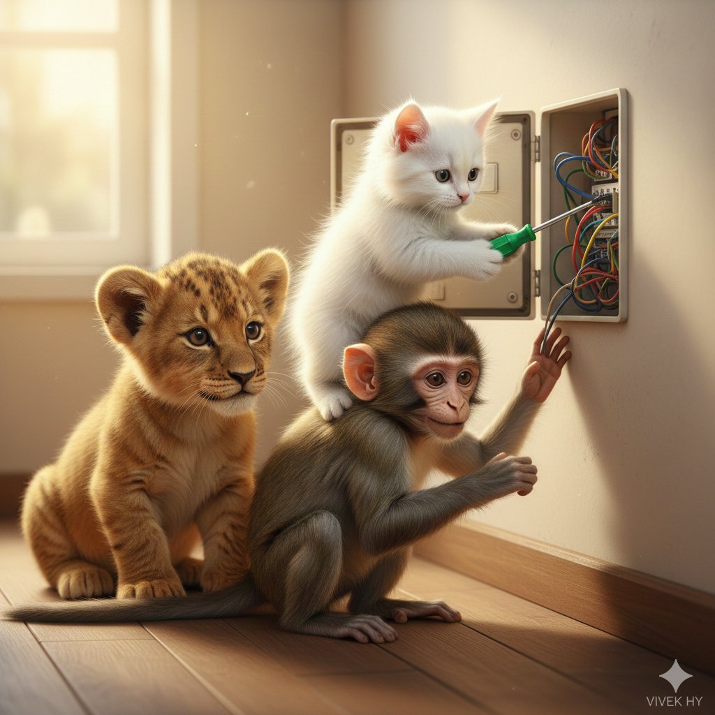 小猫踩猴肩专注修电路的滑稽团队合作