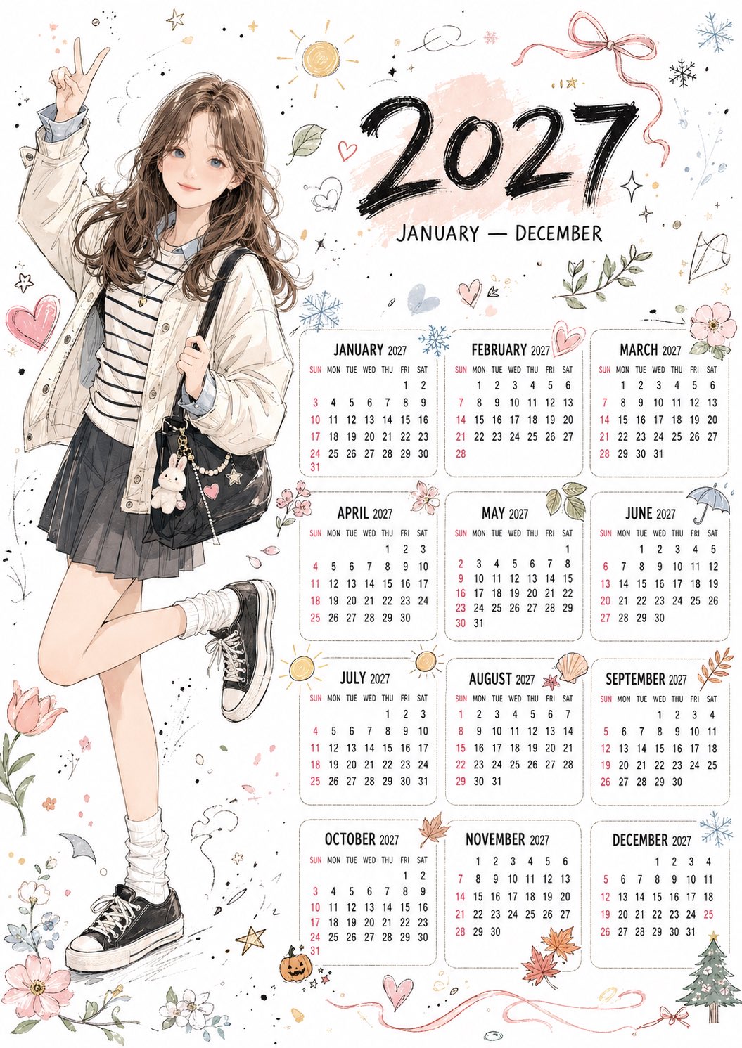 2027年韩系手绘插画风格桌面台历 2