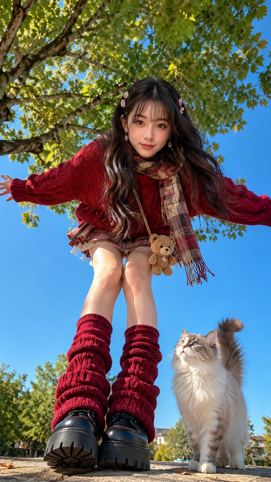 韩风秋日红毛衣少女与布偶猫仰拍 2