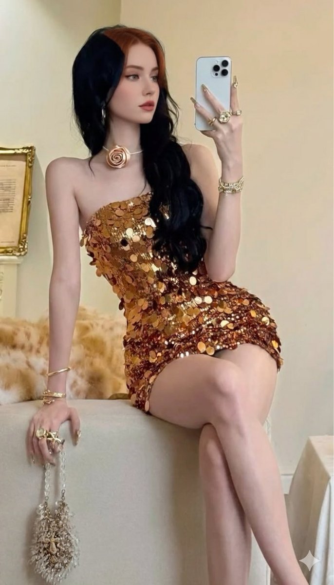 奢华玫瑰金亮片裙的绝美对镜自拍