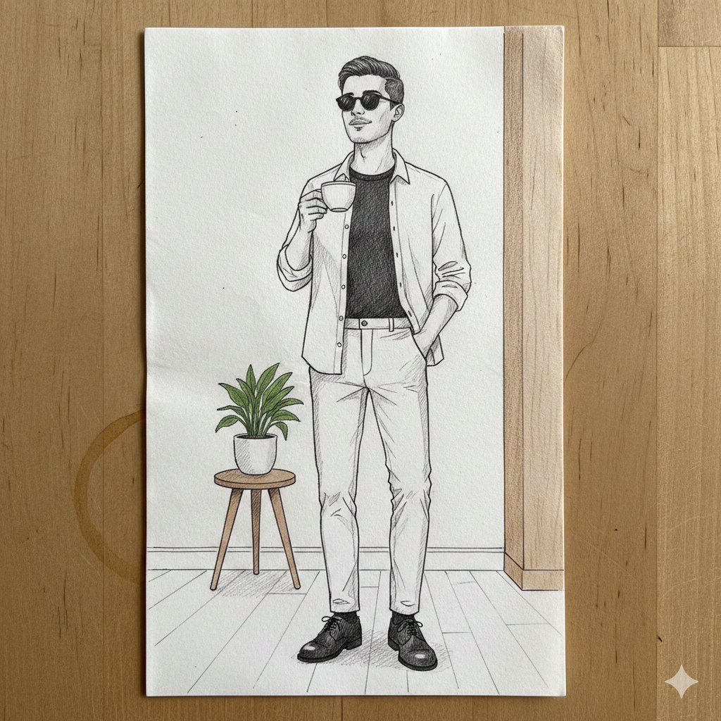 极简空间里的时尚男士手绘素描