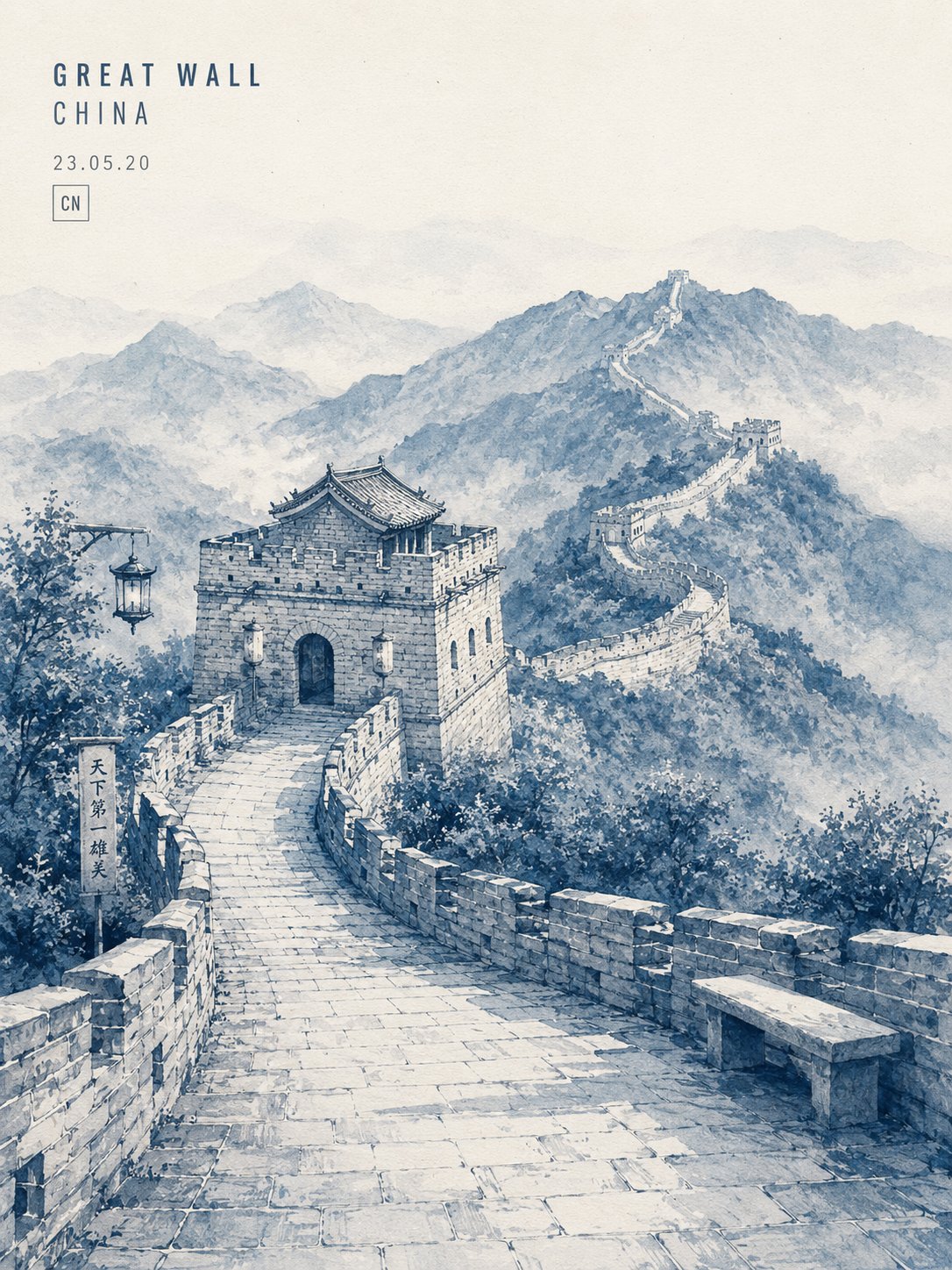 极简靛蓝水墨长城旅行海报插画 2