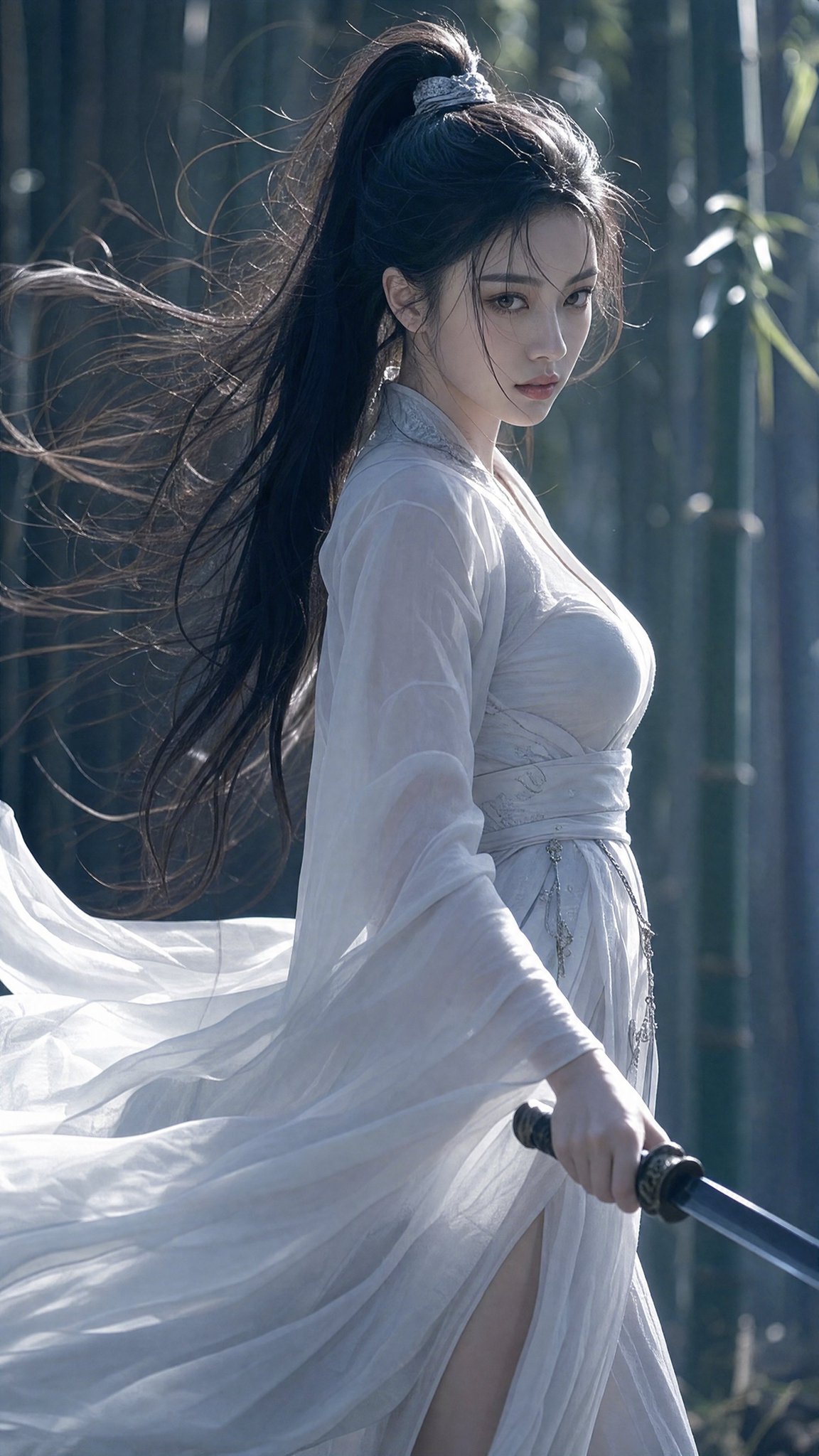 竹林白衣持剑古风女侠写实电影感写真 2