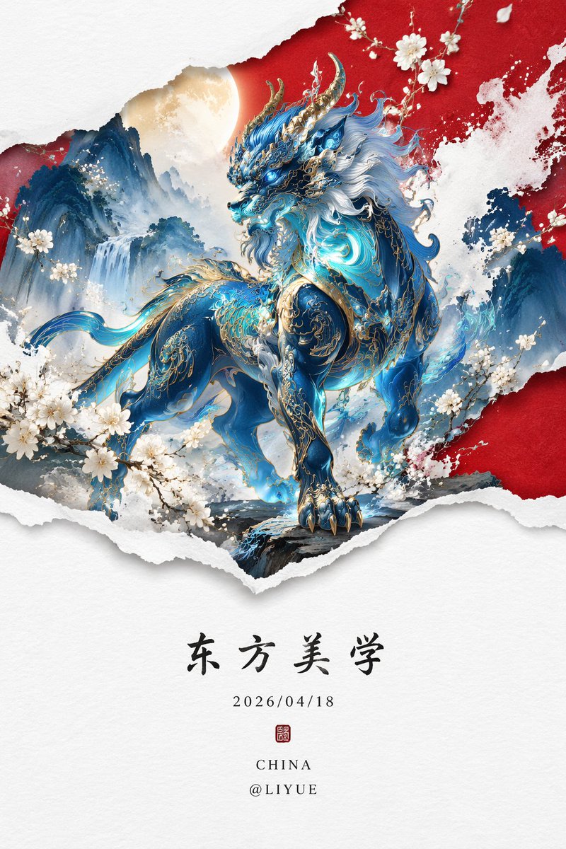 荧光蓝穷奇新中式山水画