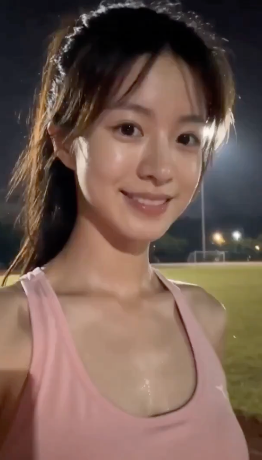 夜幕操场粉衣少女清新运动自拍 1