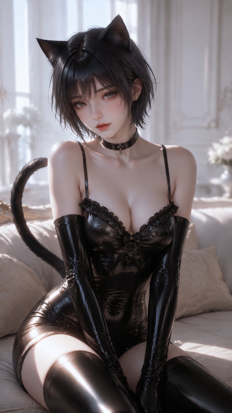 东方幻想系猫耳皮衣女性3D渲染