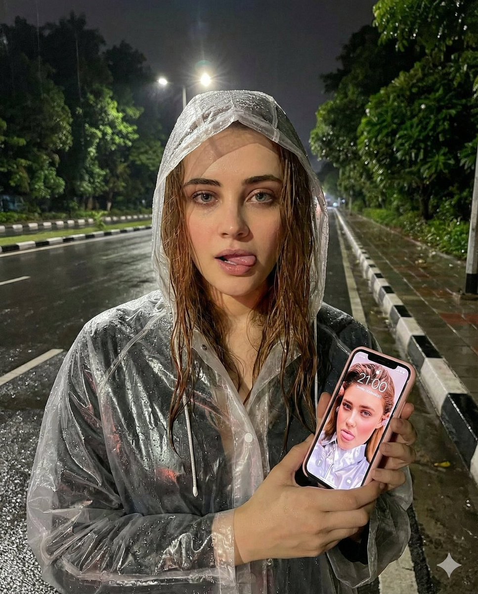 雨夜街头俏皮少女透明雨衣手持手机特写
