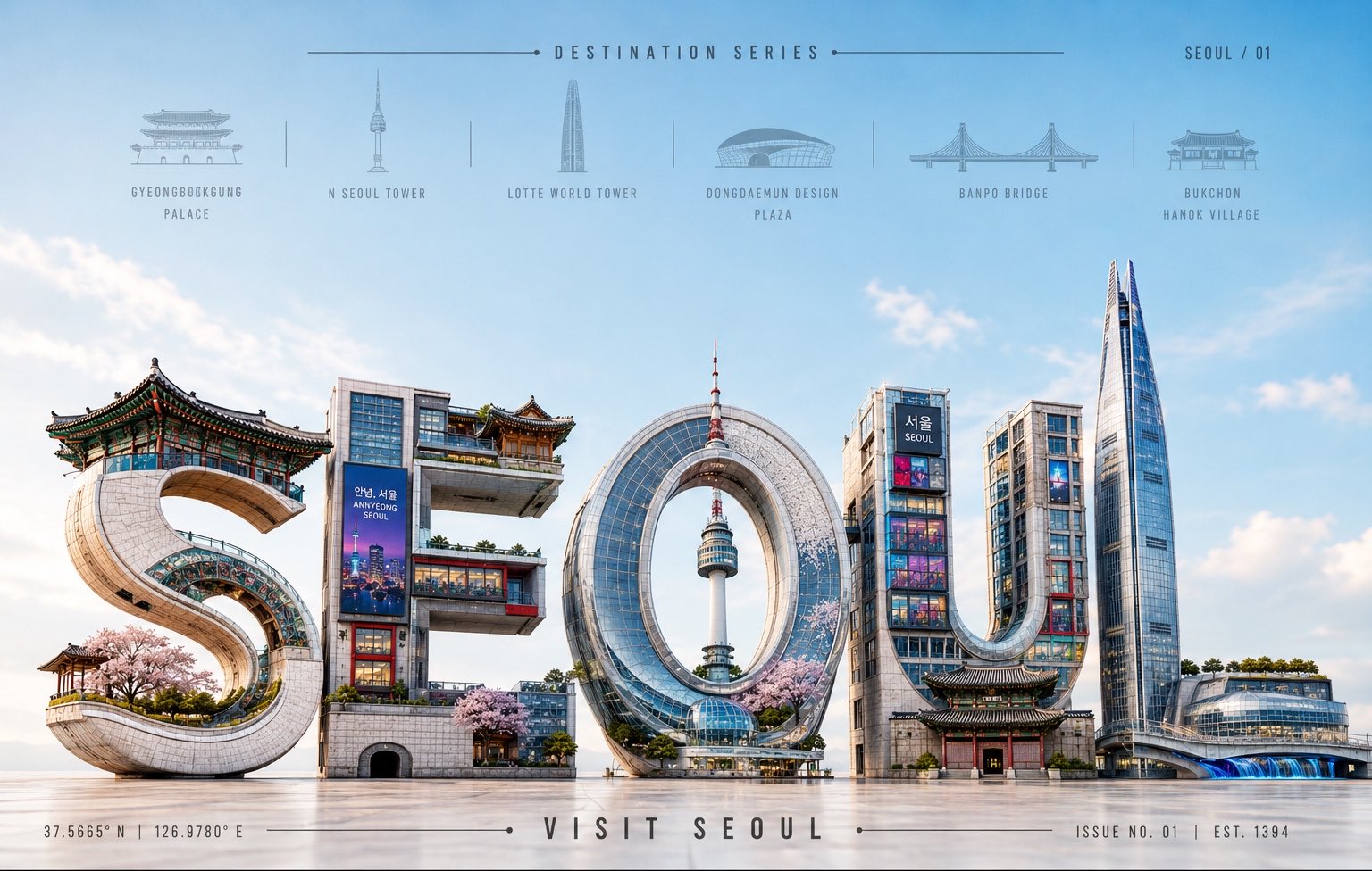高端3D雕塑感城市地标文字旅行海报 2