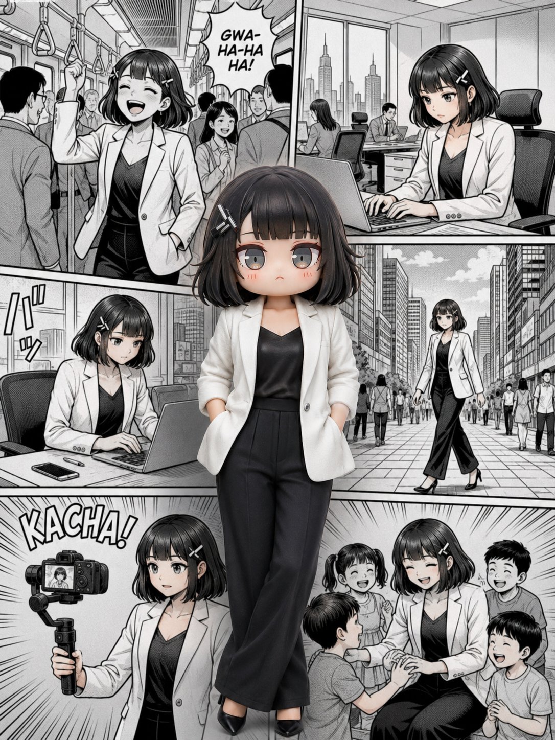 漫画拼贴背景前的职场女性写实人像