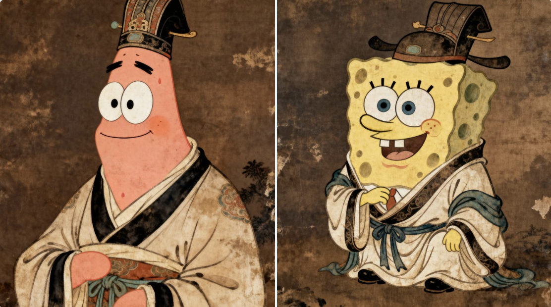 身穿古代服饰的派大星和海绵宝宝