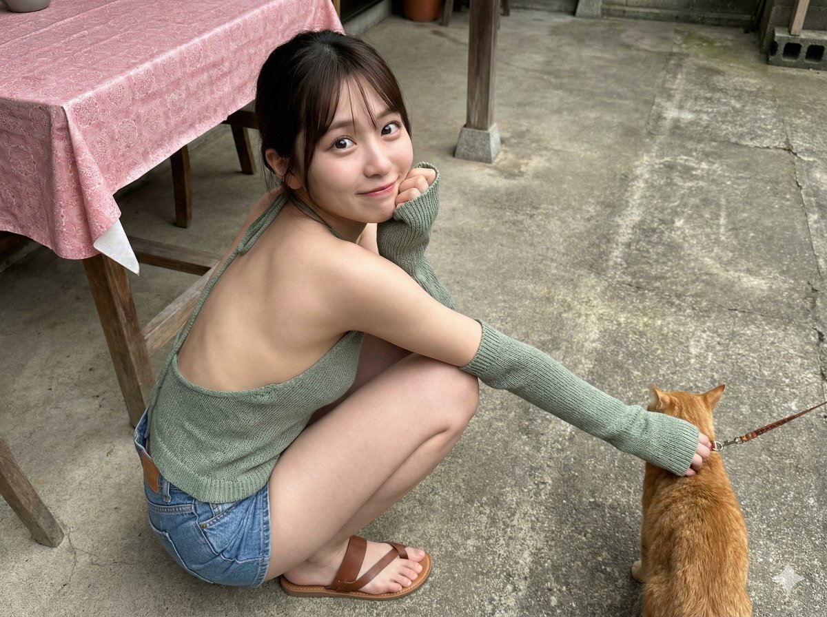 年轻的亚洲女生蹲坐在水泥地的庭院中