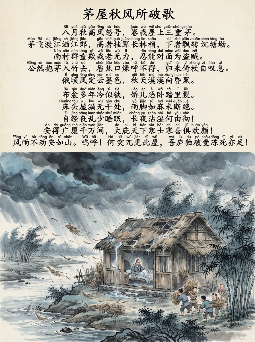 茅屋秋风所破歌中文和拼音图