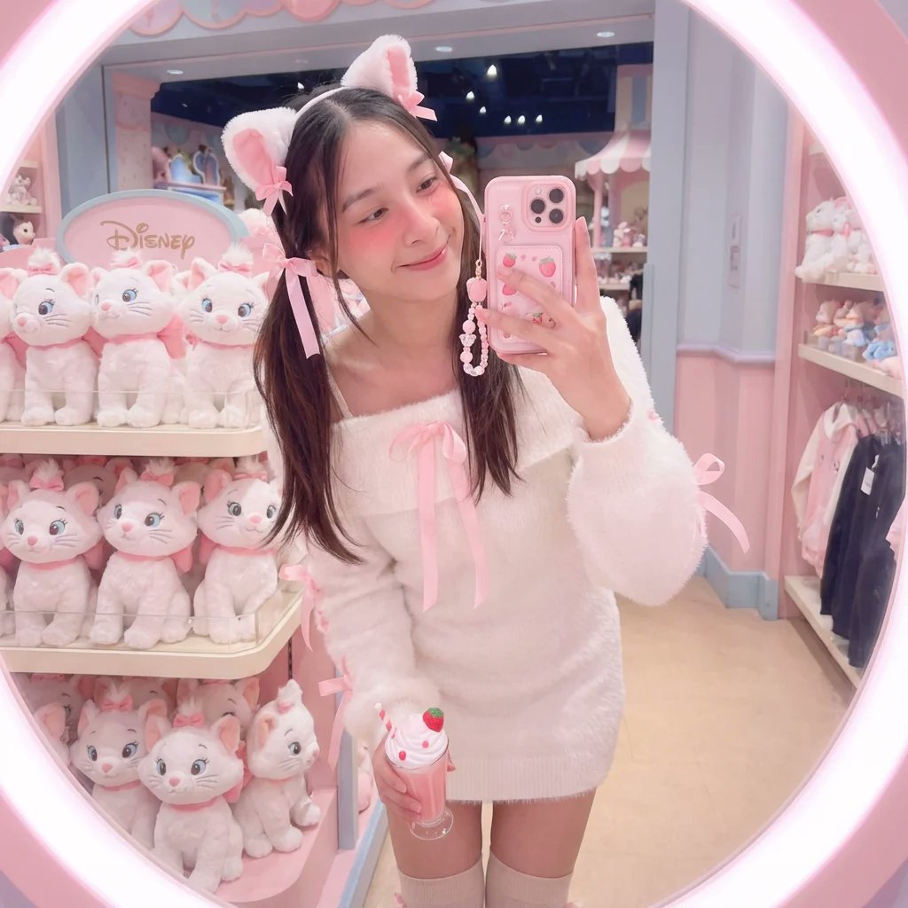 女子在迪士尼商店里对着镜子自拍