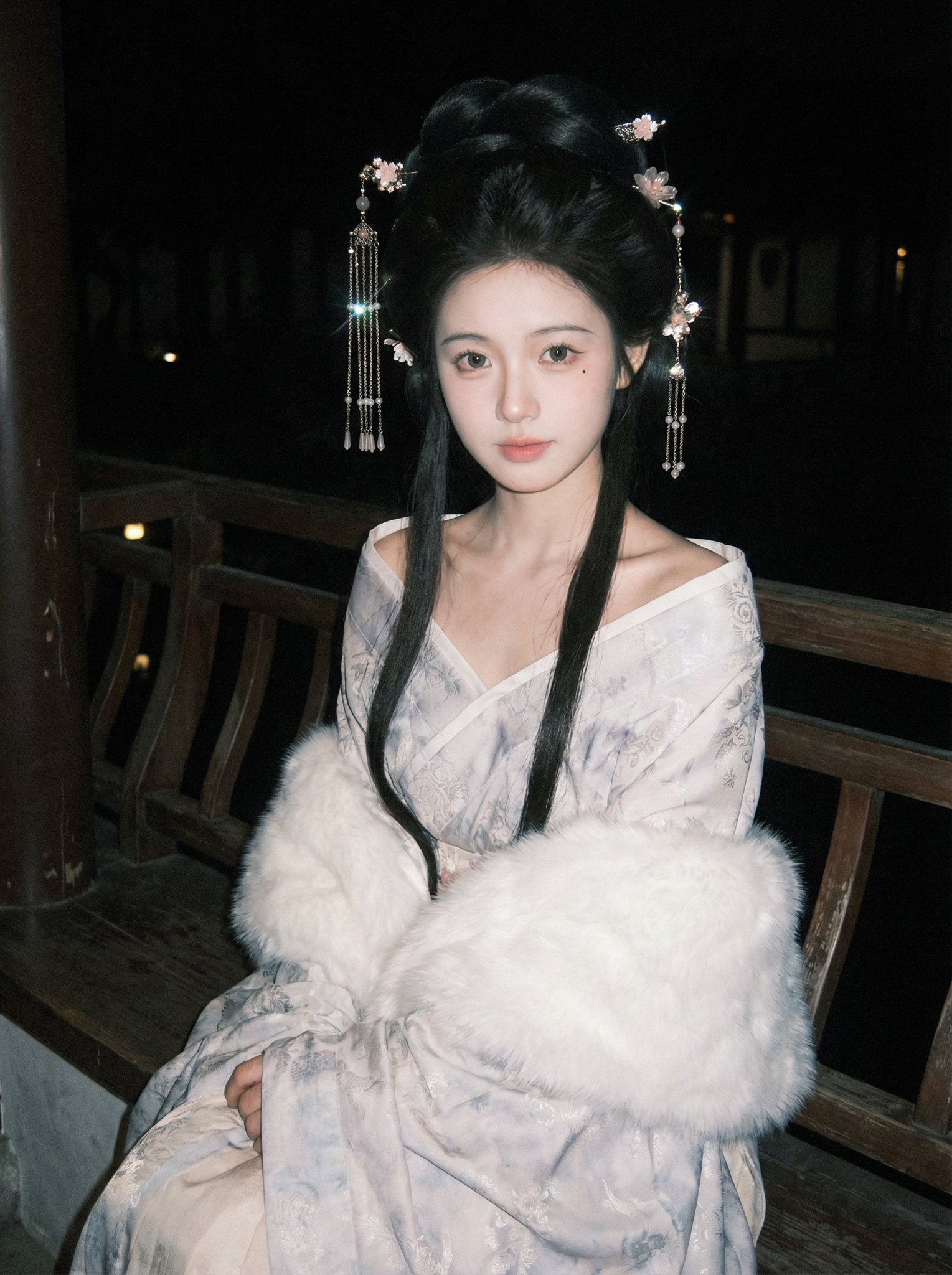 古风宽袖长袍园林夜景照