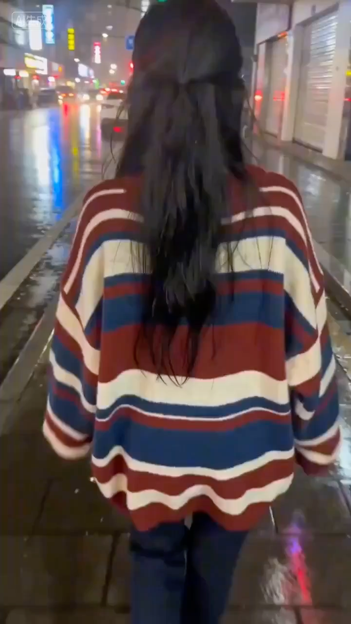 雨夜霓虹下的甜美回眸少女 1
