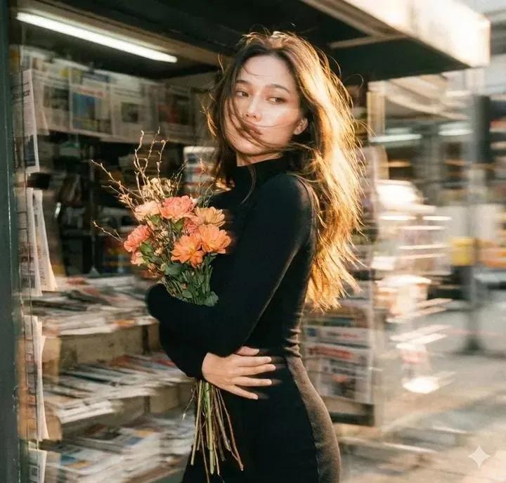 复古胶片感持花少女动态模糊人像