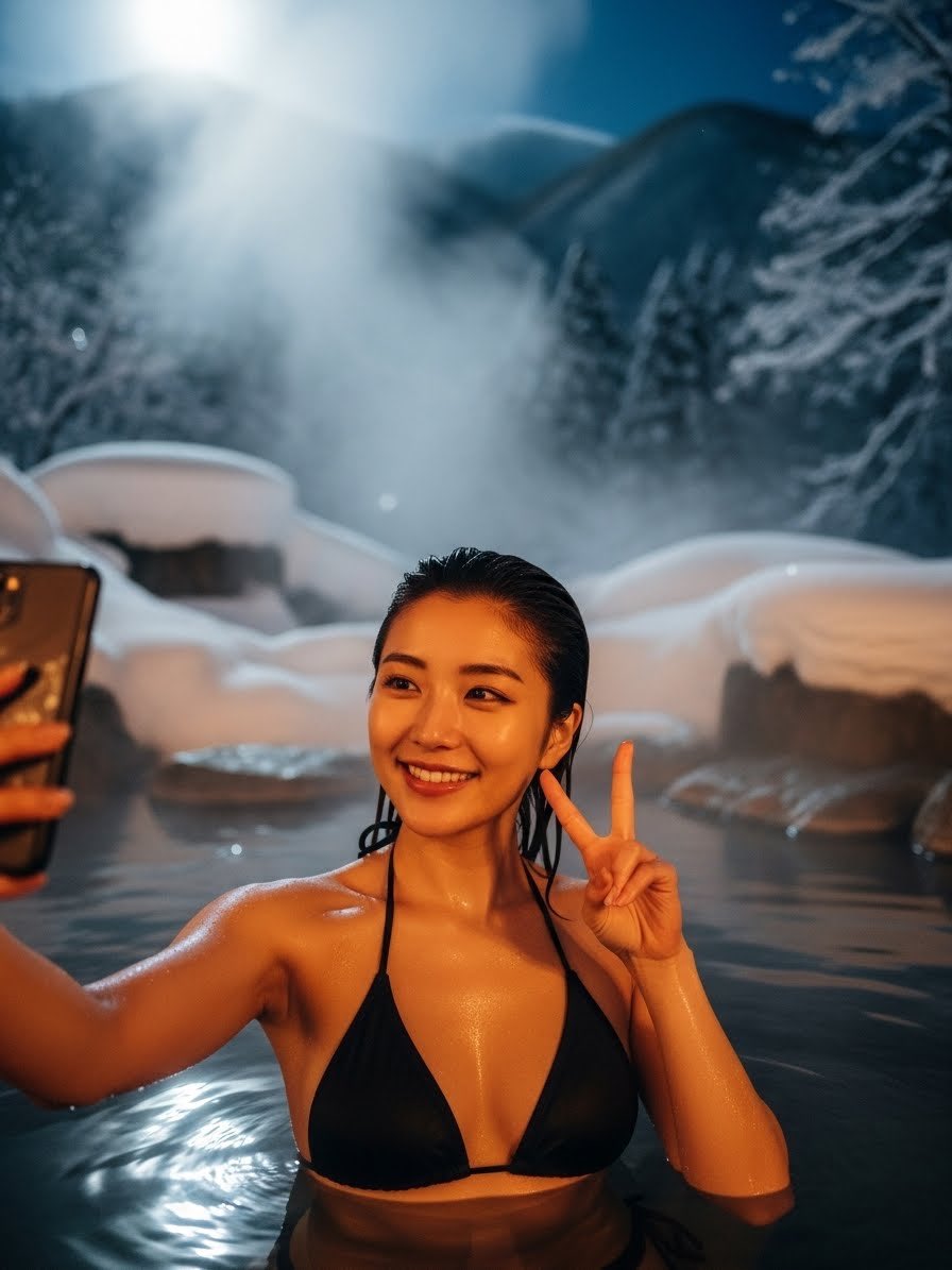 雪林深处黑比基尼日系美少女的温泉自拍