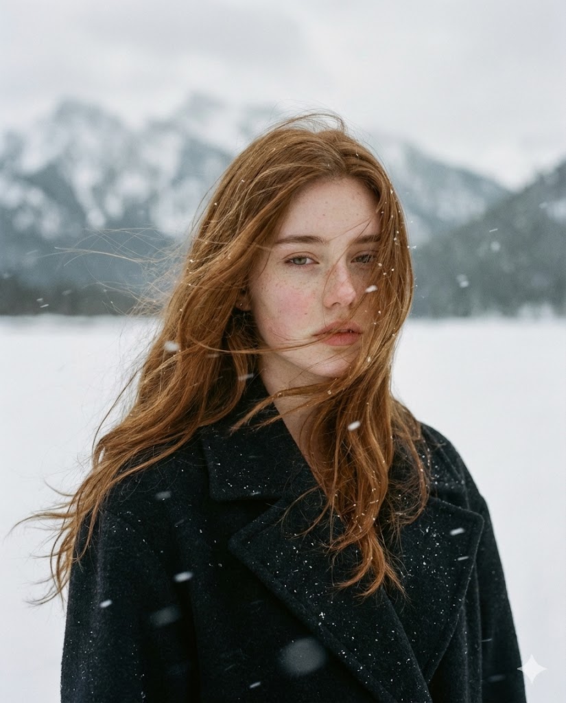 雪山背景下红发少女的电影级写实人像